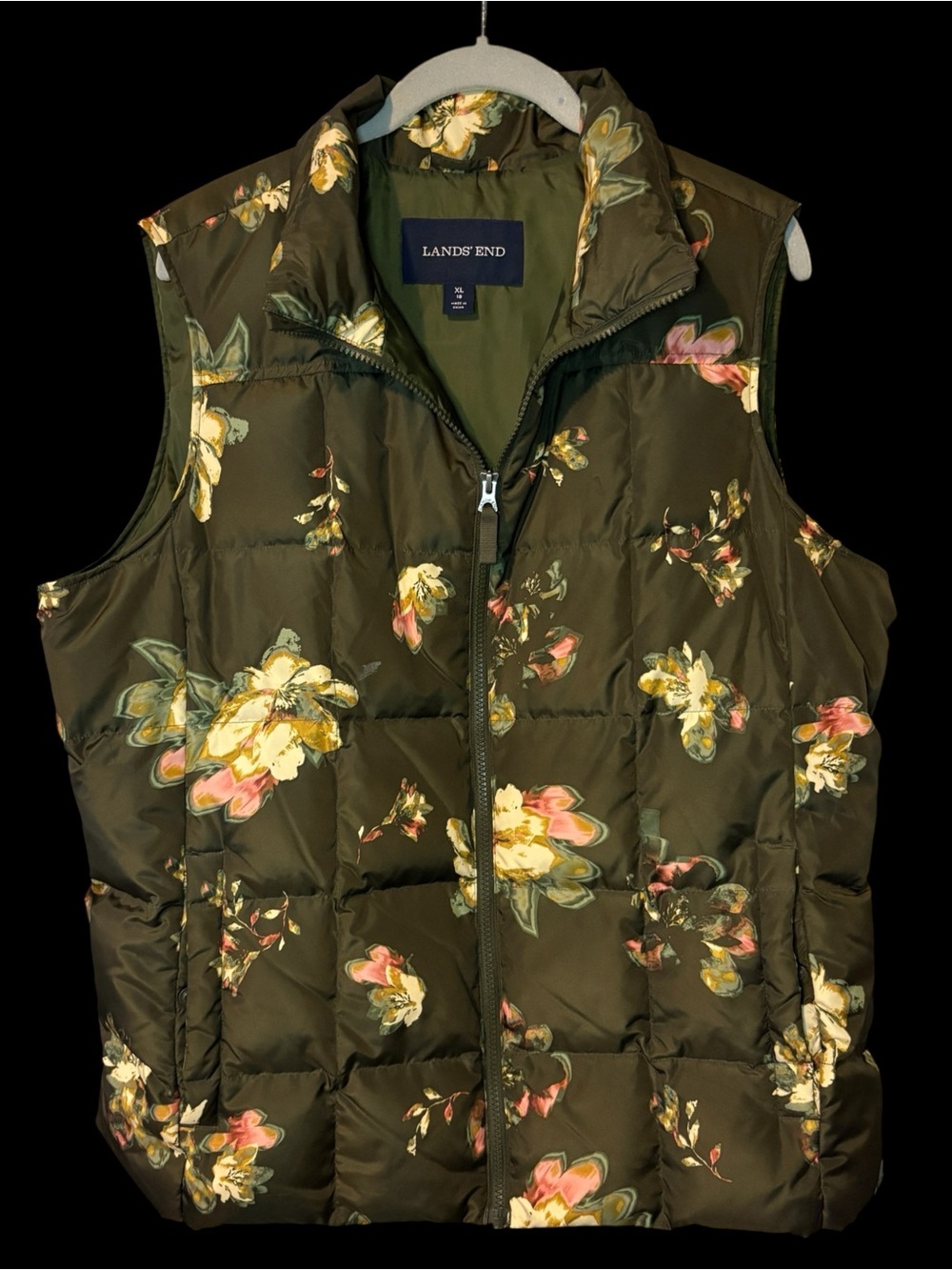 Lands' End Warm Brown Quilted Floral Puffer Vest